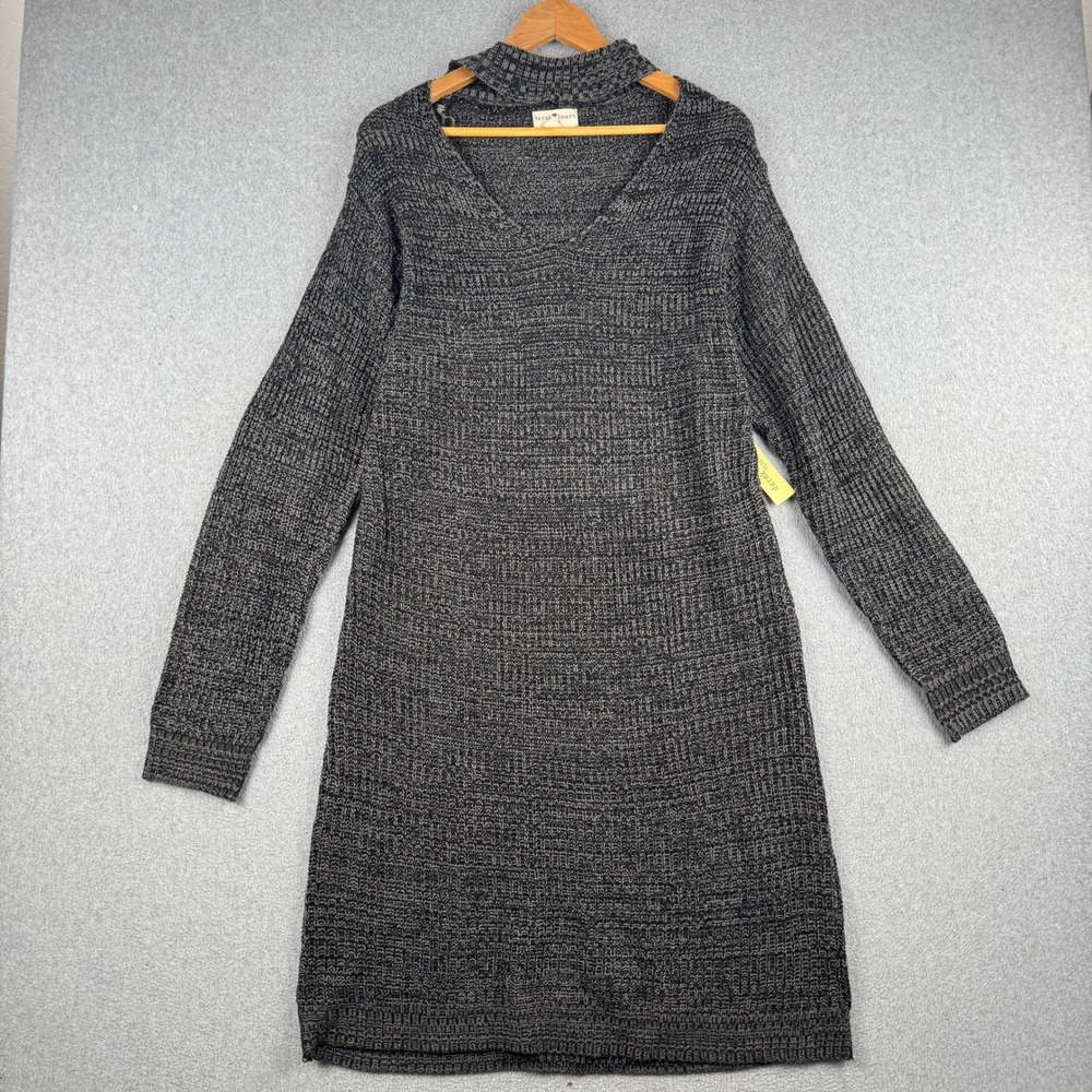 Derek Heart Sweater Dress Womens 2X Marled Charcoal Choker V-Neck NEW